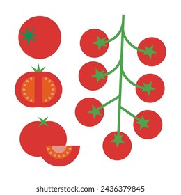 Red tomatoes abstract vector illustration set. Tomato cherry sign in flat style for emblem, logo, icon, badge. Vegetable illustration for farm market menu. Healthy food concept. Fresh food vegetables