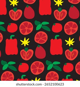 Red tomatoes, basil and paper seamless pattern background design. vector illustration