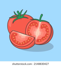 Red Tomatoes Cartoon Vector Illustration. Slice And Whole Of Tomato Flat Icon Outline