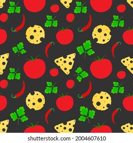 Red tomatoes and chilli peppers with cheese and herbs on a gray background. Seamless background