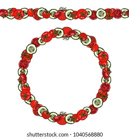 Red Tomatoes and Green Cucumbers and Tomato Slices. Endless Pattern Brush, Round Garland. Wreath or Circle Frame. Ketchup Logo or Vegetable Salad. Hand Drawn Vector Illustration. Savoyar Doodle Style.