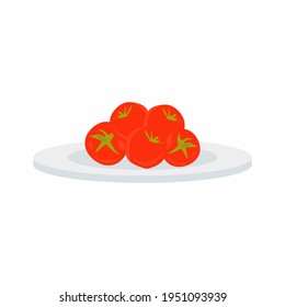 Red tomatoes with green leaves. Fresh vegetables and fruits icon. Organic food icon cartoon style. Concept healthy eating. Flat vector illustration isolated on white background