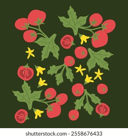 Red tomatoes and green leaves with yellow flowers on dark background.