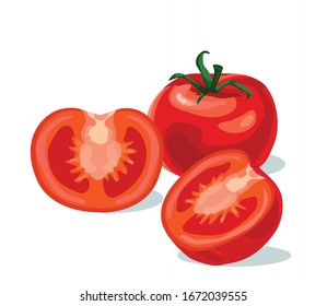 rote Tomaten halbschneiden drei Stück Kirschen realistisches Symbol auf weißem Hintergrund