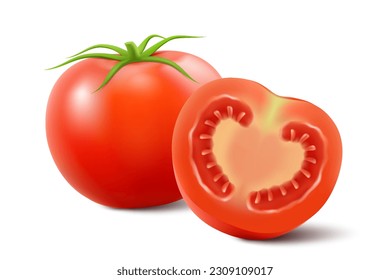 Red tomatoes isolated on white background. Realistic 3d Vector illustration. Whole and half of a tomato with green leaves. Fresh vegetables