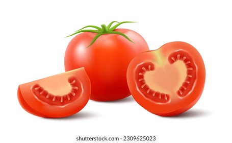 rote Tomaten einzeln auf weißem Hintergrund. Realistische 3D-Vektorgrafik. Ganze, halbe und geschnittene Tomaten mit grünen Blättern. Frisches Gemüse