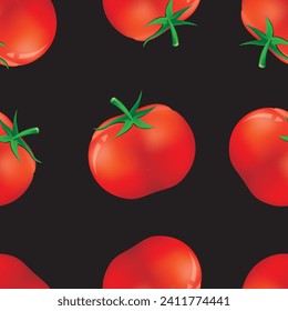Tomates rojos sobre fondo negro. Patrón sin foco. Ilustración vectorial.