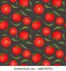 Red tomatoes on dark background. Tomato vegetable with arugula leaves. Vector illustration. Seamless pattern.
