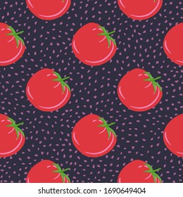 Red tomatoes on dots background. Doodle tomato seamless pattern. Organic healthy vegetable wallpaper.  Design for textile print, wrapping paper, kitchen textiles, cover. Simple vector illustration