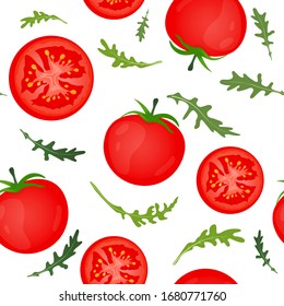 Tomates rojos sobre fondo blanco. Hortalizas de tomate con hojas de arugula. Ilustración vectorial. Patrón sin problemas.