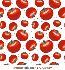 Red tomatoes on white background. Tomato vegetable with leaves. Vector illustration. Seamless pattern. Red tomatoes on white background. Tomato vegetable with leaves. Vector illustration. Seamless