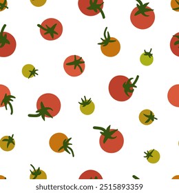 Red tomatoes on white background, flat style food vector illustration, seamless pattern for tablecloth, fabric, advertising.