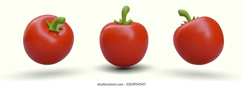 Red tomatoes in plasticine style. Ripe vegetables for salad, ketchup. Color vector illustration with shadows. 3D images for design of web pages, applications