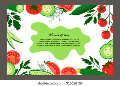 Red tomatoes and ripe cucumbers. Brochure. Food design template. Great for design of healthy lifestyle or diet.Vector illustration.