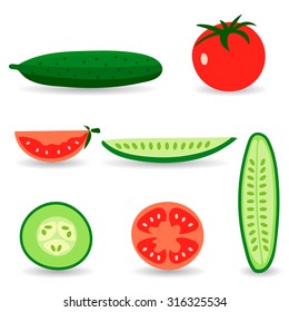 Red tomatoes and ripe cucumbers. Great for design of healthy lifestyle or diet.Vector illustration.