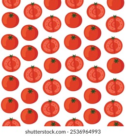 Red tomatoes seamless pattern with full and cut piece. Fresh vegetable concept for textile print
