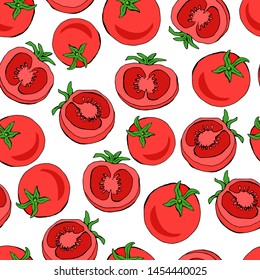 Red tomatoes seamless pattern. Hand drawn vector illustration.