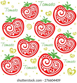 Red tomatoes seamless pattern. Used for kitchen, cafe stuff, wallpaper, pattern fills, web page background, surface textures. Vector Illustration