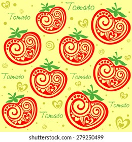 Red tomatoes seamless pattern. Used for kitchen, cafe stuff, wallpaper, pattern fills, web page background, surface textures. Vector Illustration