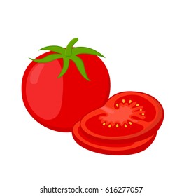 Red tomatoes and slices. Cartoon flat tomato. Vegetarian fresh raw food.