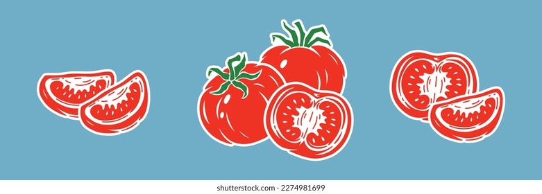 Red Tomatoes. Tomato icon Stickers Collection. Slice of tomato. Fresh Vegetables Set. Vector illustration.  