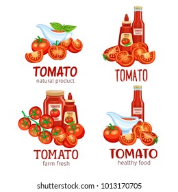 Red tomatoes and tomato on a branch and slices with sauce, banners template. Vector vegetables for design market and farm product .