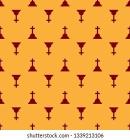 Red Tombstone with cross icon isolated seamless pattern on brown background. Grave icon. Flat design. Vector Illustration