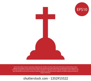 Red Tombstone with cross icon isolated on white background. Grave icon. Vector Illustration