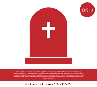 Red Tombstone with cross icon isolated on white background. Grave icon. Vector Illustration