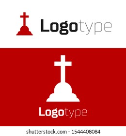 Red Tombstone with cross icon isolated on white background. Grave icon. Logo design template element. Vector Illustration