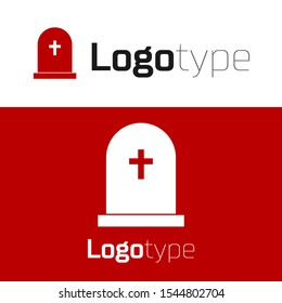 Red Tombstone with cross icon isolated on white background. Grave icon. Logo design template element. Vector Illustration