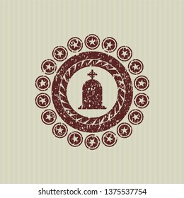 Red tombstone icon inside distress rubber stamp with grunge texture