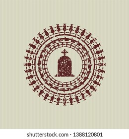 Red tombstone icon inside distressed grunge style stamp