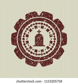 Red tombstone icon inside rubber grunge stamp