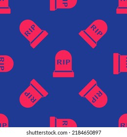 Red Tombstone with RIP written on it icon isolated seamless pattern on blue background. Grave icon. Happy Halloween party.  Vector