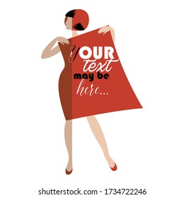 In red tones, a woman with a bang, half-dressed in a dress is depicted, and the second half unfolds into a piece of fabric. The image is visually divided into two parts. The text on the right side.