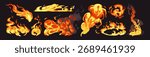 Red tongues of fire set. Different forms of burning flames with smoke and fume. Abstract shapes of ignition, fireballs, bonfire. Animation of blaze and inflammation. Flat isolated vector illustrations