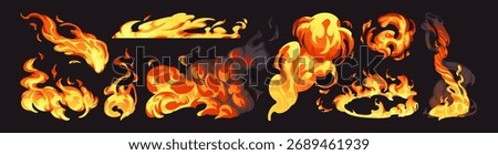 Red tongues of fire set. Different forms of burning flames with smoke and fume. Abstract shapes of ignition, fireballs, bonfire. Animation of blaze and inflammation. Flat isolated vector illustrations