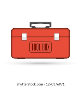 Red tool box in flat style. Construction toolbox icon isolated on white background. Set building tools for repair. Toolkit sign. Vector illustration EPS 10.