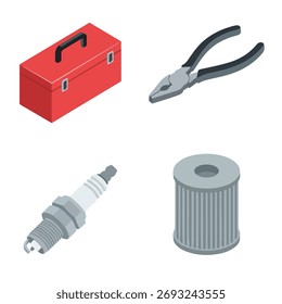 Red toolbox, pliers, a spark plug, and an oil filter for car maintenance and repair.