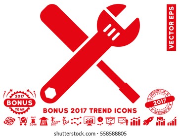 Red Tools pictogram with bonus 2017 trend pictograph collection. Vector illustration style is flat iconic symbols, white background.
