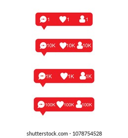 Red tooltip set about new comments, likes and subscribers. Vector illustration