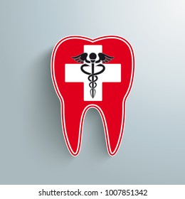 Red tooth with cross and aesculapian staff on the gray background. Eps 10 vector file.