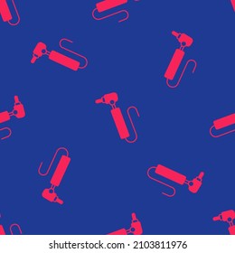 Red Tooth drill icon isolated seamless pattern on blue background. Dental handpiece for drilling and grinding tools.  Vector