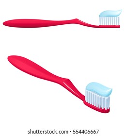 red toothbrush with a blue toothpaste, a side view and a perspective view, on a white background.