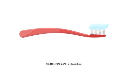 Red Toothbrush With Toothpaste On Bristle Vector Flat Illustration. Plastic Tool For Daily Oral Hygiene Cleaning Teeth And Tongue Isolated. Everyday Routine Mouth Cavity Antibacterial Clean