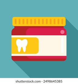 Red toothpaste jar with yellow label showing healthy white tooth, isolated on blue background