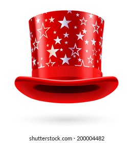 Red top hat with white stars on the white background.