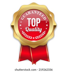 Red top quality badge with gold border and ribbon on white background