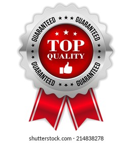 Red top quality badge with silver border and ribbon